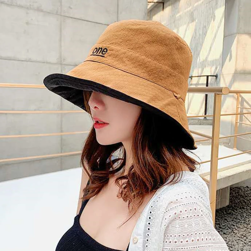 Double-sided Letter Embroidery Fisherman Hat For Women Outdoor Fishing Cap Casual Panama Bucket Cap Sunscreen Sun Cap