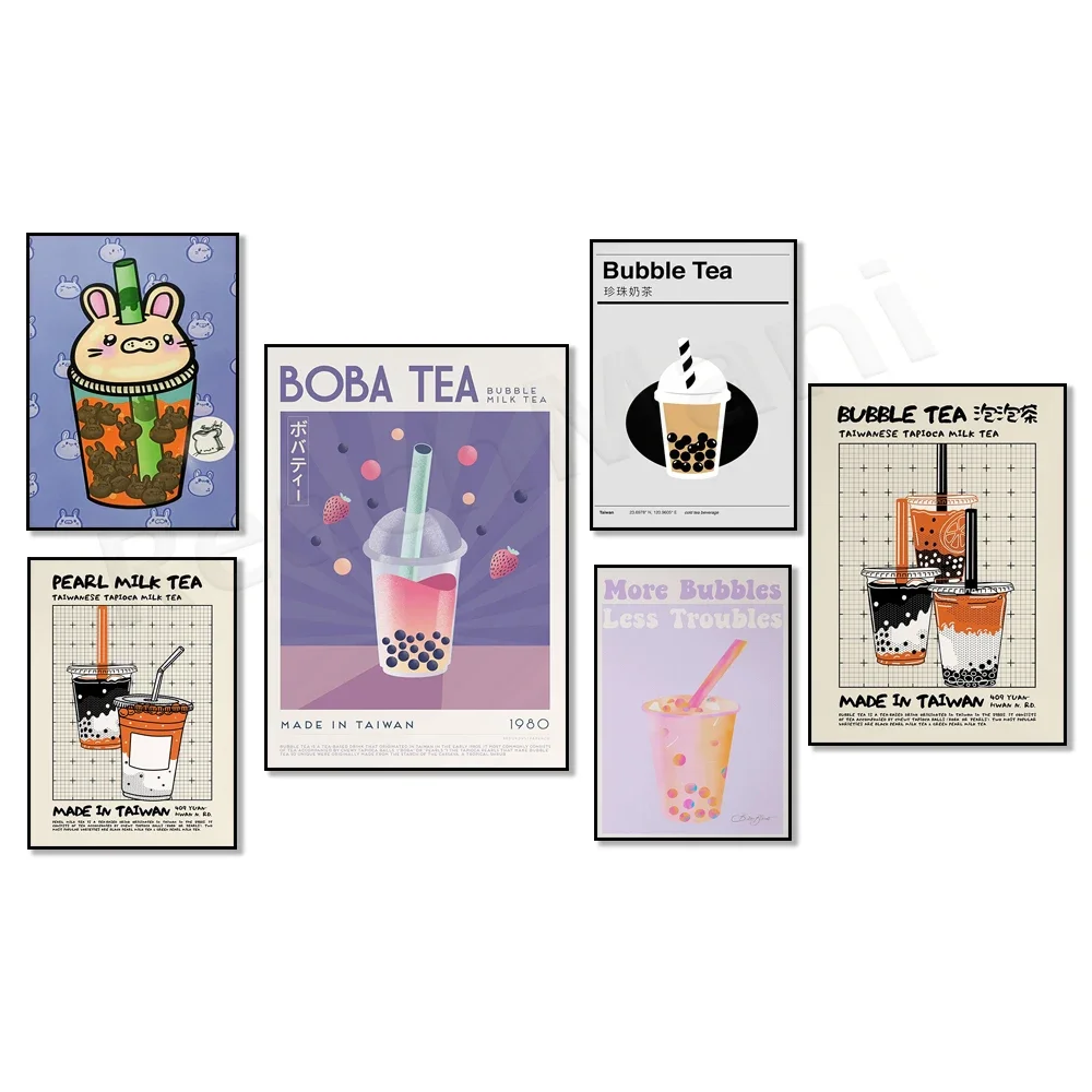 Fashion retro bubble milk tea art nostalgic Taiwanese asian food, boba tea poster, bubble tea, danish pastel kitchen decor