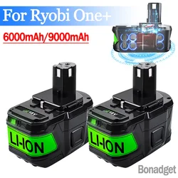 Bonadget 6.0Ah/9.0Ah 18V Replacement Battery for Ryobi 18V Lithium Battery for P108 P102 P103 P104 P105 P109 ONE+ Cordless Tool
