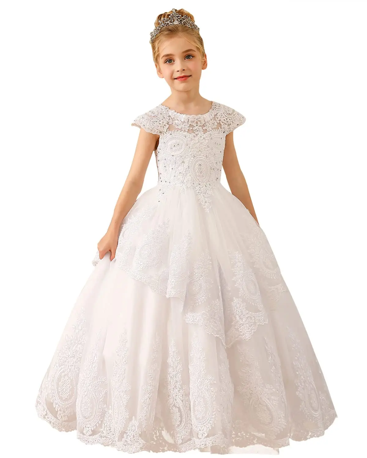 Gold Lace Flower Girl Dress For Wedding Appliques Puffy Tulle Pageant First Communion Dress Toddler Kids Party Ball Gown