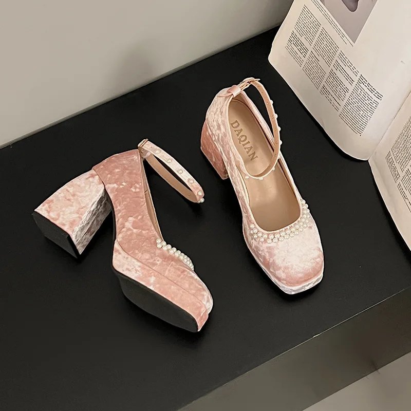 Luxury Vintage Women High Heels 2024 New Suede Pearl Thick Heel Mary Jane Shoes Square Toe Buckle Strap Womens Shoes Pink Pumps
