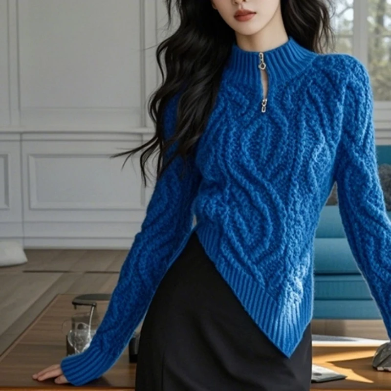 

Women's Round Neck Zip Asymmetric Knit Sweater Irregular Versatile Base Layer Autumn Winter Tops