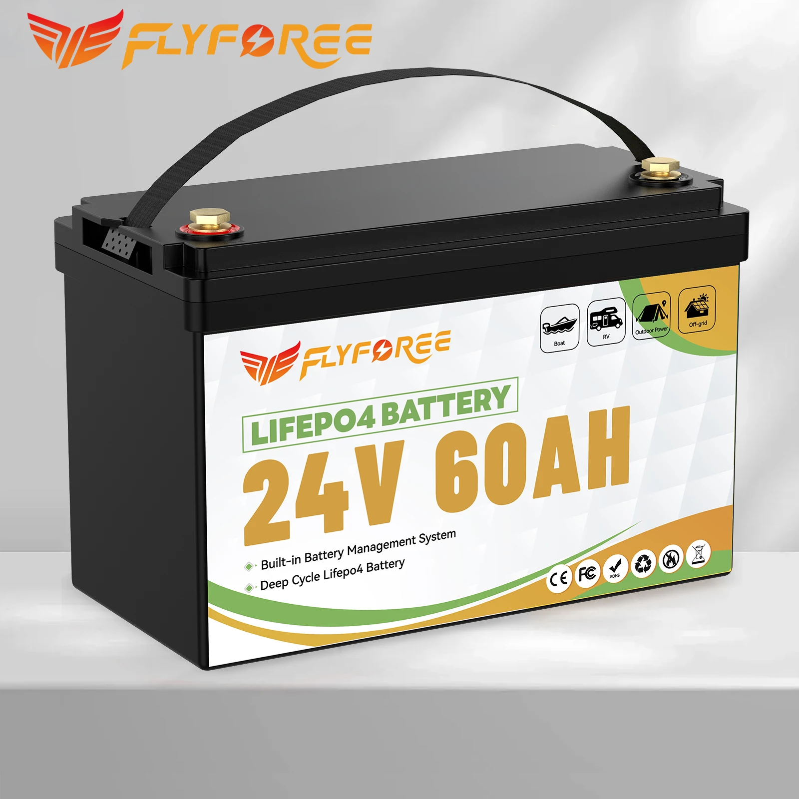 FLLYROWER 24V 60Ah LiFePO4-Batterie mit 60A BMS für Solar-Trolling-Motor, Wohnmobil, netzunabhängige Anwendungen, 25,6V Lithium-Eisenphosphat-Batterie