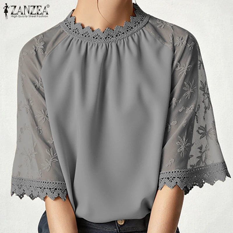ZANZEA Elegancka Bluzka Koronkowa Damska Jesienna Stójka Casualowa Tunika Modne Bluzki Patchworkowe Biurowe Damskie OL Blusas Femininas 2025