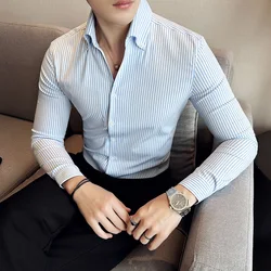 Men Clothing Slim Fit Business Formal Wear Men's Social Shirt Dress Tuxedo Stripe New Solid Long Sleeve Shirts Plus Size 4XL-M