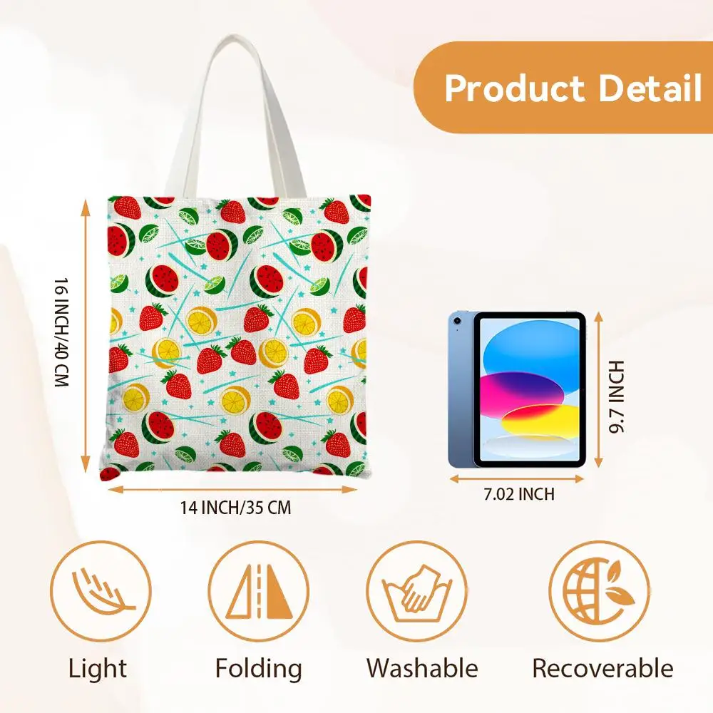 Summer Mixed Fruits Storage Bags Canvas Double-Sided Print Women Large Tote Bag Durable Beach Picnic Foldable Gift Eco