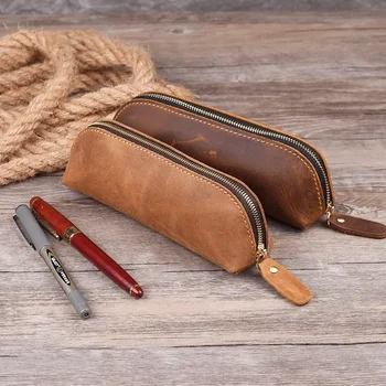 Handmade Genuine Leather Pencil Bag Retro Simple Stationery Holder Pen Case Storage Bag Zipper Pencil Pouch Glasses Case