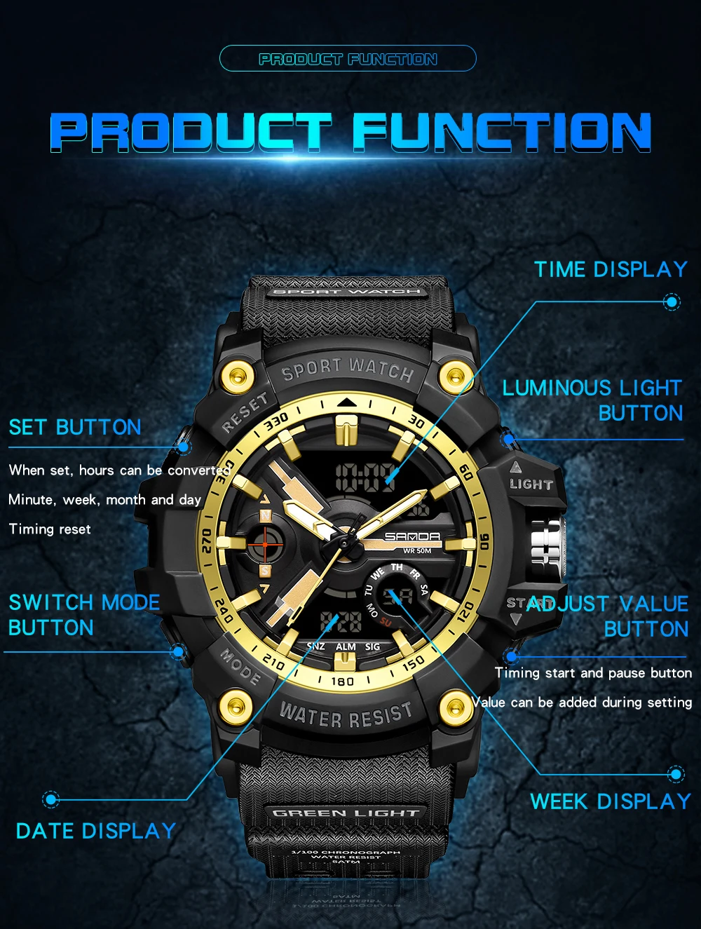 Sanda Nieuwe Militaire Shock Horloges G-Stijl Klok Voor Mannen Jongen Quartz Analoog Polshorloge Waterdichte Sport Horloge Mannen Led Digitaal Horloge