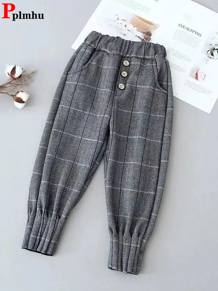 Korean Baggy Plaid Girls Harem Pants Spring Fall 2 To 8 Years Children Jogger Pantalones Elastic High Waist Casual Kids Calca