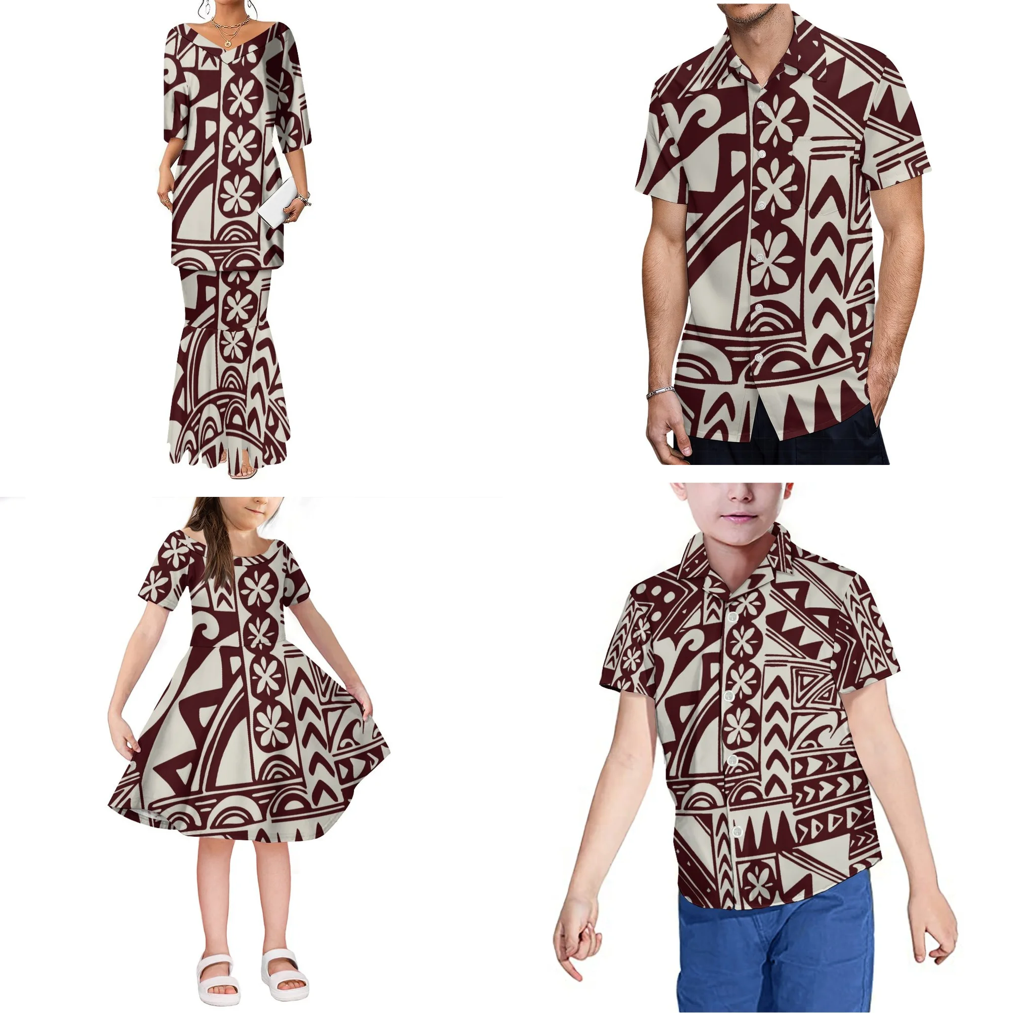 New Design 2024 Polynesian Tribal Printed Big V Neck Samoan Puletasi Set Maxi Two Piece Skirt Set Mermaid Dresses Custom