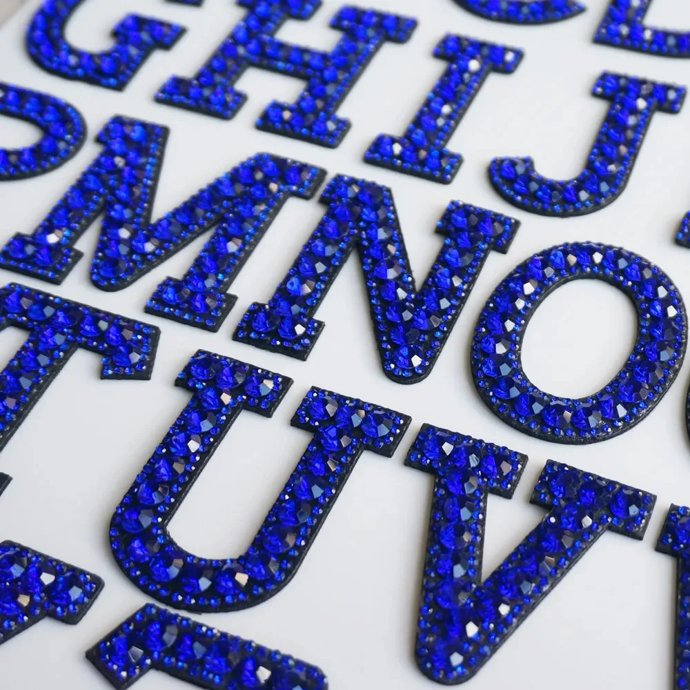 A-Z Rhinestone Alphabet Royal Blue English Letter Iron Sew On Patch Badge 3D Handmade Letters Bag Hat Jeans Clothes Applique DIY