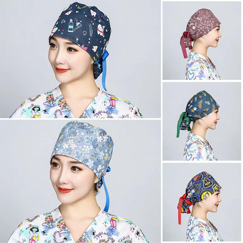 Printed Surgical Cap Scrub Cotton With Button Doctor Wrap Long Hair Adjustable Lace-up Women Beauty Care Hospital Accessories