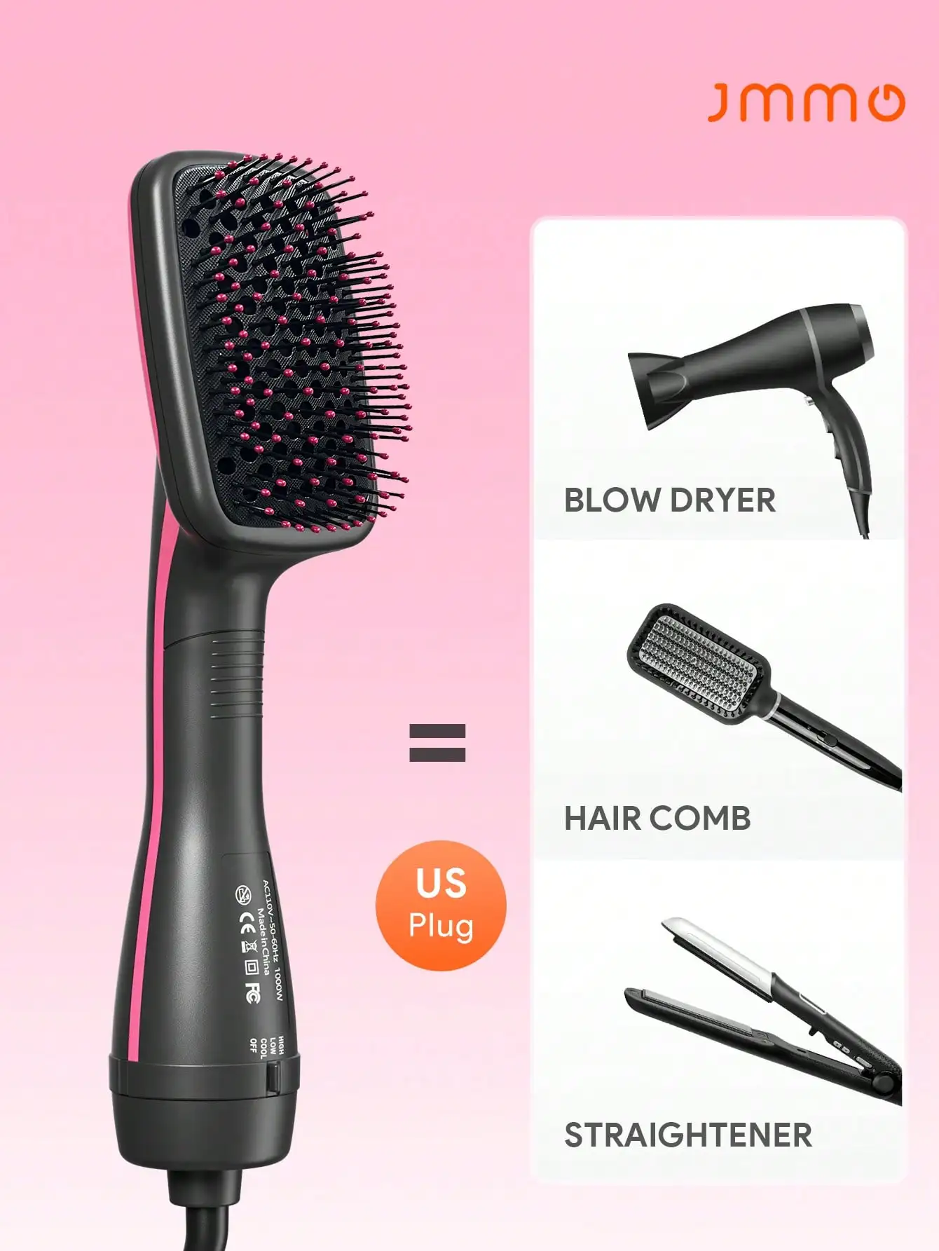 JMMO 3 In 1 Hot Air Brush With US Plug, Ionic Hair Dryer Brush Straightener Volumizer, Multi Heat Settings One Step Blow Out Styling Comb For Home Salon Hair Care