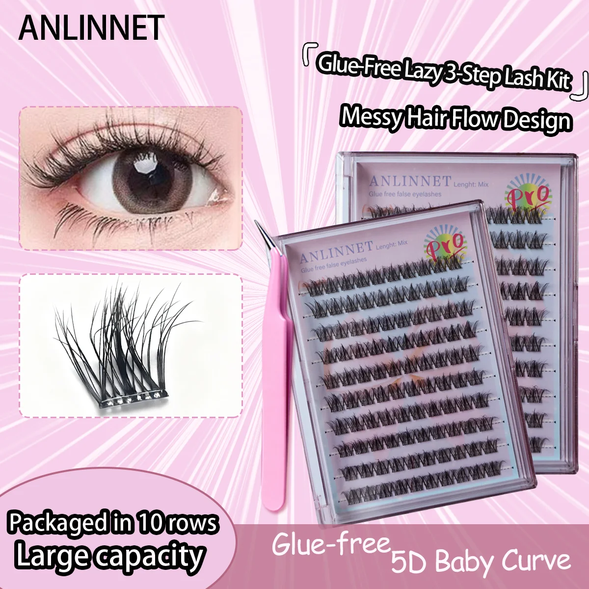10 rows No Glue Needed Self Adhesive Cluster Lash Diy Adhesive Cluster Lashes Extension Reusable Glue-free Lashes