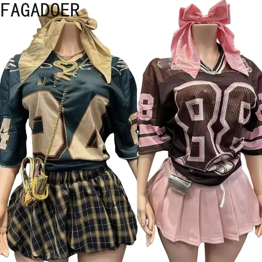 FAGADOER Pink A-line Pleated Skirts Fashion Two Piece Sets Women Letter V Neck Short Sleeve Loose Tshirt And Mini Skirt Outfits