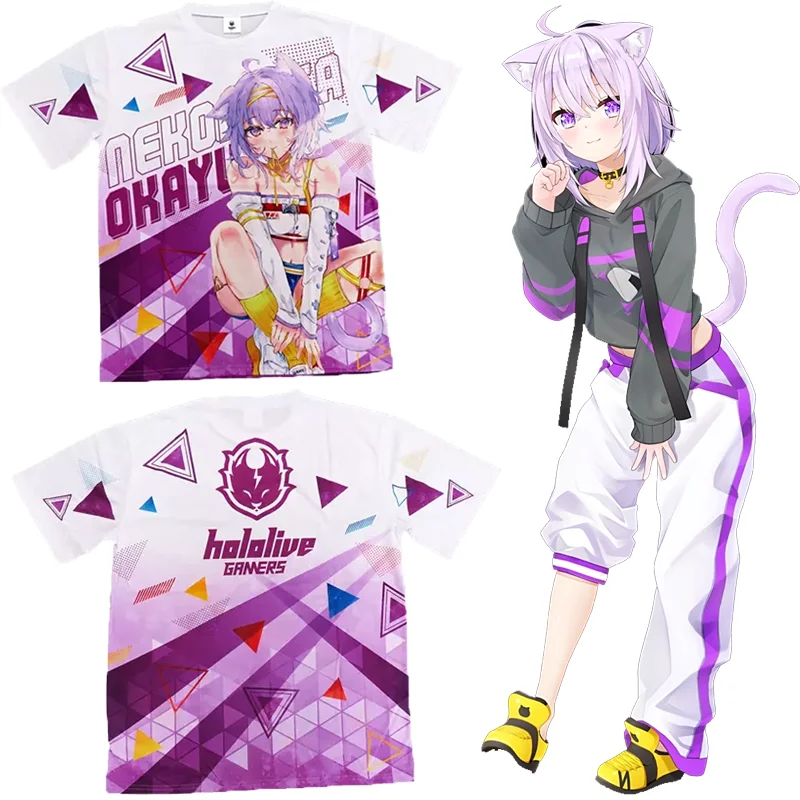 Футболка для косплея Nekomata Okayu Hololive VTuber, новинка 2025 года, милые футболки с 3D принтом в стиле аниме, летние мужские/женские топы в стиле Харадзюку с короткими рукавами Y2k