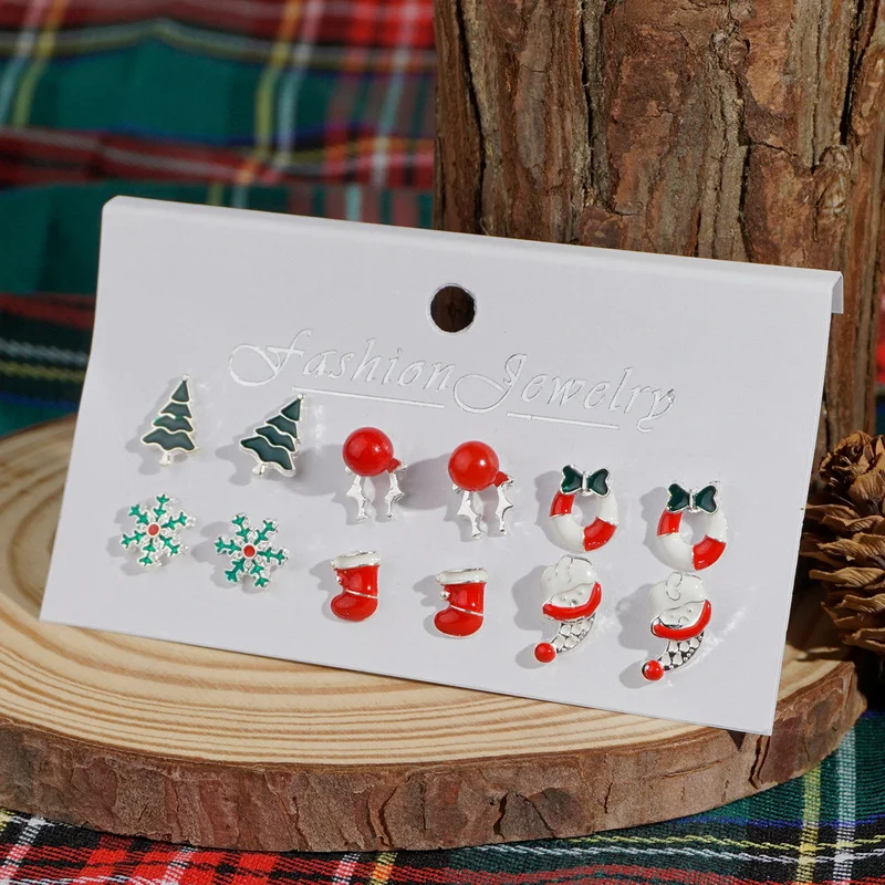 6-teiliges Weihnachts-Kombinations-Ohrring-Set für Damen, glänzender Zirkon, Weihnachtsbaum, Schneeflocke, Weihnachtsmann, Ohrstecker, Party-Schmuck – Detail 5