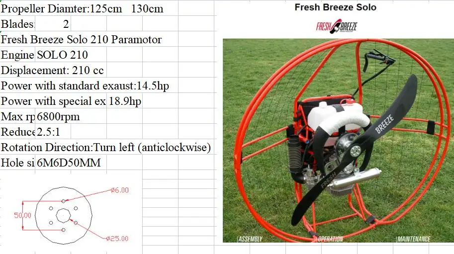 Fresh Breeze Parachute Carbon Propeller, Powered Parachute, Solo 210