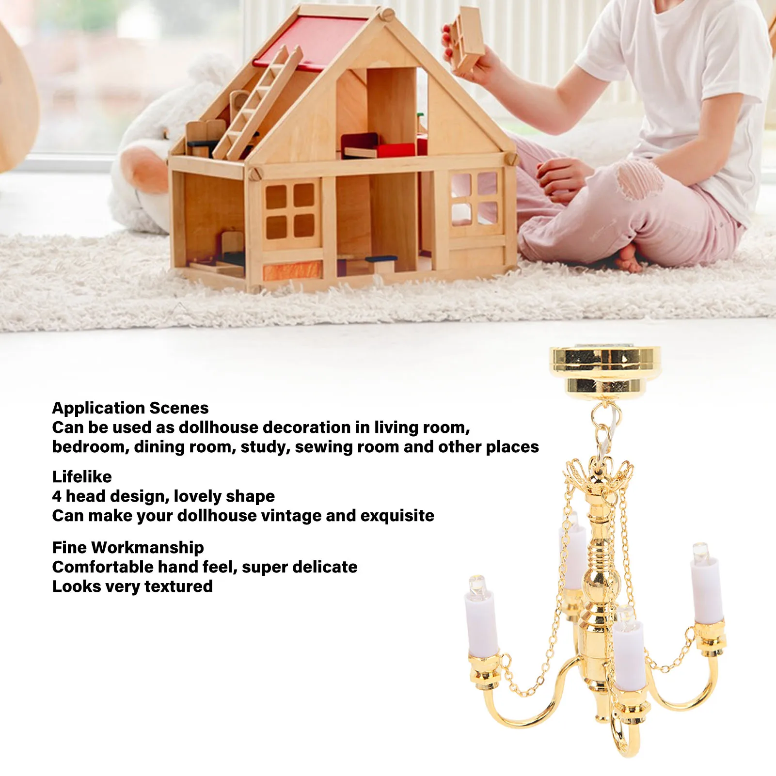 ZK40 Dollhouse Chandelier 1/12 Scaled Battery Operated Lifelike 4 Heads Miniature Ceiling Light Gold