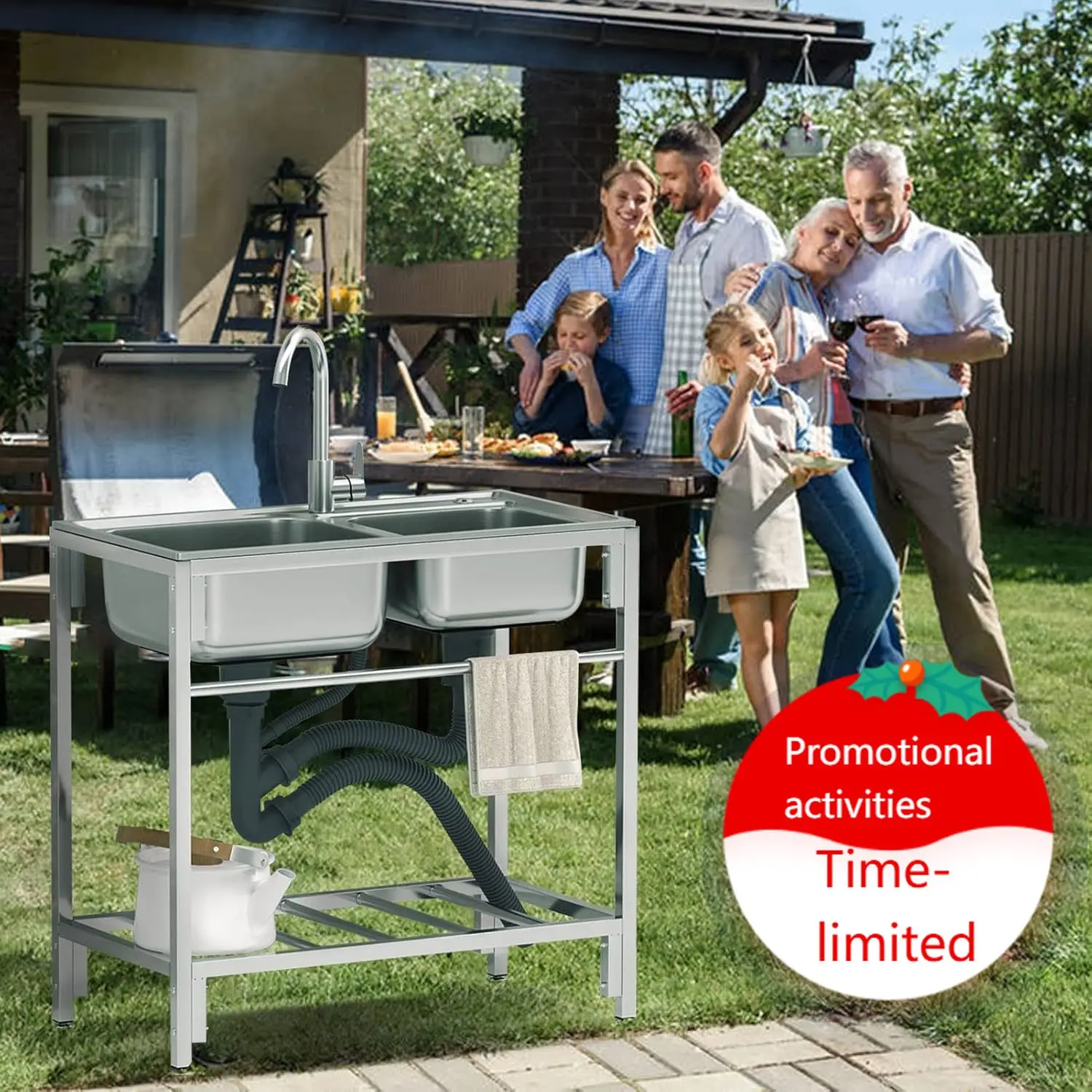 

Outdoor Utility Sink Stainless Steel Double Bowl Sink Free Standing Commercial Restaurant Kitchen Sink with Hot and Cold Faucet