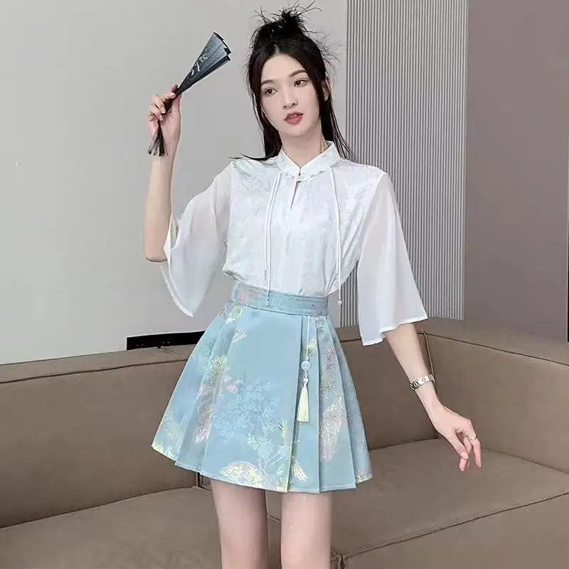 Chinese Style Satin Jacquard Skirt 2026 New Summer Women High Waist Pleated Skirts Female Vintage Hanfu Skirt Horse-face Skirt