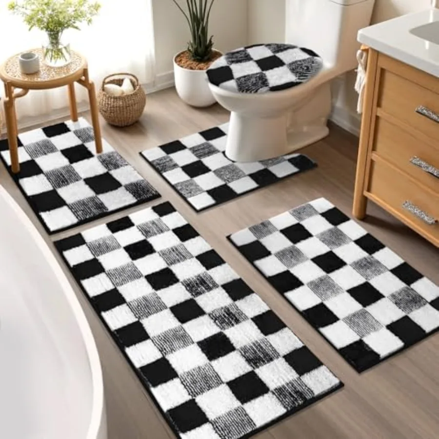 

Checkered Bathroom Rug Sets 5 Pcs Non-Slip Ultra Absorbent Microfiber Bath Mats Machine Washable Plush Shag Ultra Soft Bath Rug