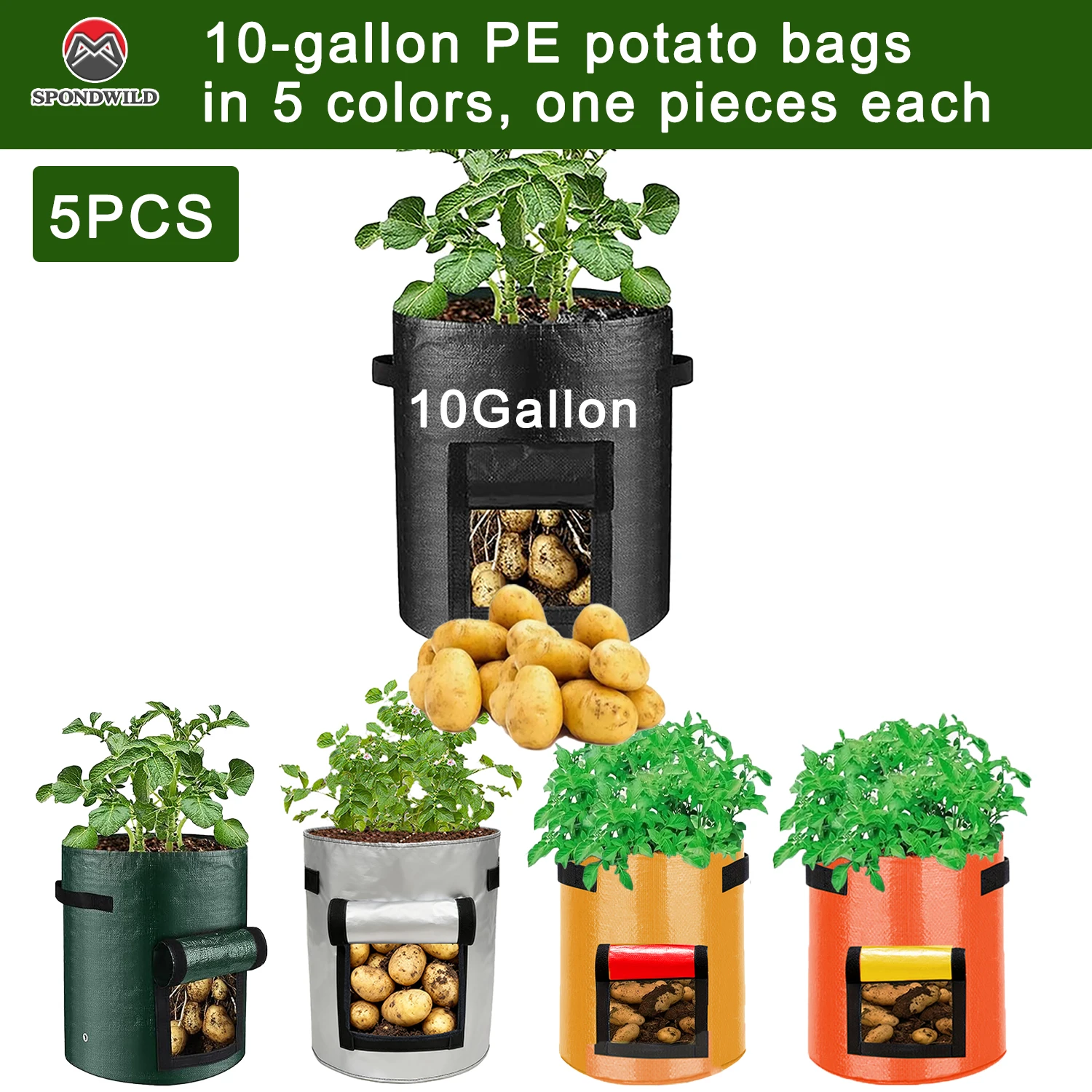 Potato Grow Bag with View Window, 1/5 Packs for Home Garden, 3/7/10 Gallon Easy to Use PE Planter for Vegetables