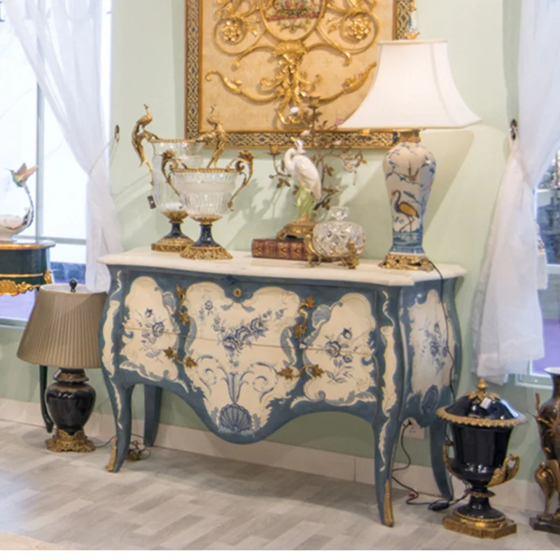 Court style solid wood painted flower foyer cabinet exquisite French villa living room furniture blue porch cabinet furniture