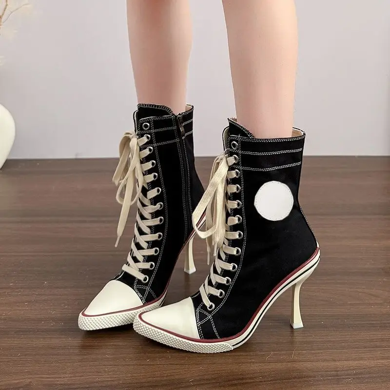 Y2K Girl's Shoes Designer High Heels Sports  Lace-up Canvas Shoes for Women Casual High-top Zipper Fashion Pointed Tip High Heel view 4