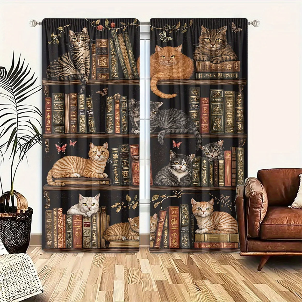 Cute Cat Bookworm Curtain Pair Living Room Home Decor Curtain Panels for Window Window Treatment