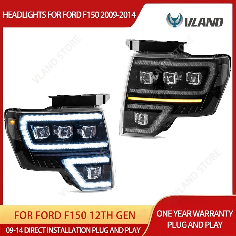 Feux avant à LED matriciels VLAND pour F150 12e génération 2009-2014, boîtier noir, ensemble de 2 lampes avant