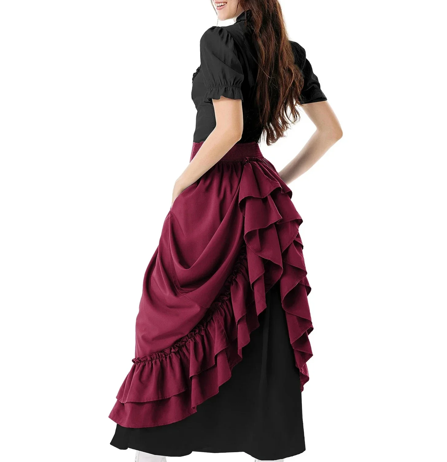 Renaissance Women Elastic Waist Medieval Pirate Vampire Cosplay Vintage Steampunk Gothic Drawstring Casual Boho Maxi Skirt