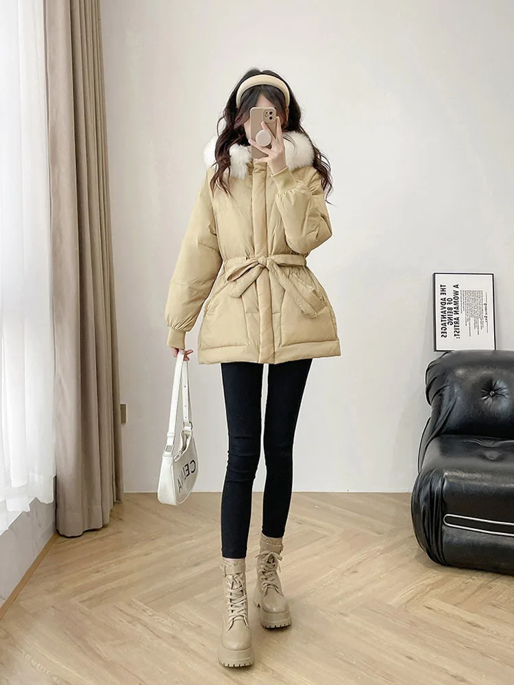 Parkas de invierno para mujer, chaqueta de plumón de pato blanco 90%, cuello de piel de zorro Real grande con capucha, abrigo cálido de plumas para mujer, prendas de vestir