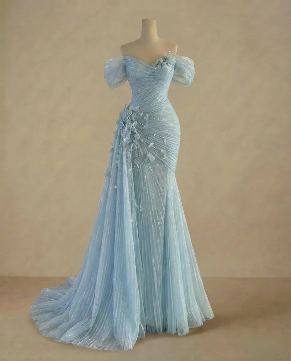 

Ofherown 2026 Light Blue Off The Shoulder Mermaid Prom Dress Glitter Pleated 3D Flower Evening Gown With Train Customized