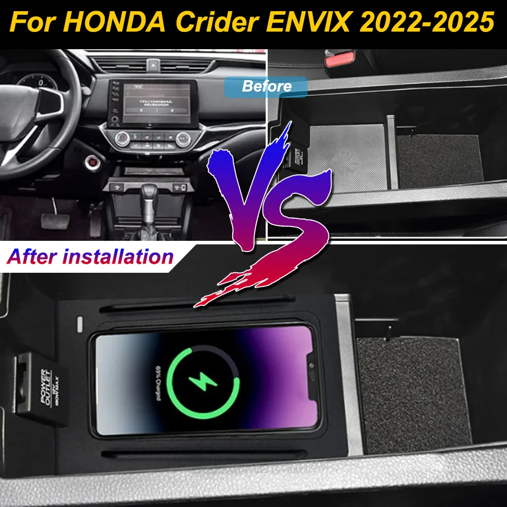 for HONDA Crider ENVIX 2022-2025 Car Wireless Mobile Phone Charger Center Console Storage 18W iphone fast charge plate holder