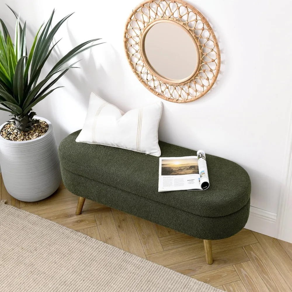 

Oval Storage Bench 43.5" Linen Fabric Upholstered Entryway Bench with Solid Wood Legs Ottoman Bench Indoor