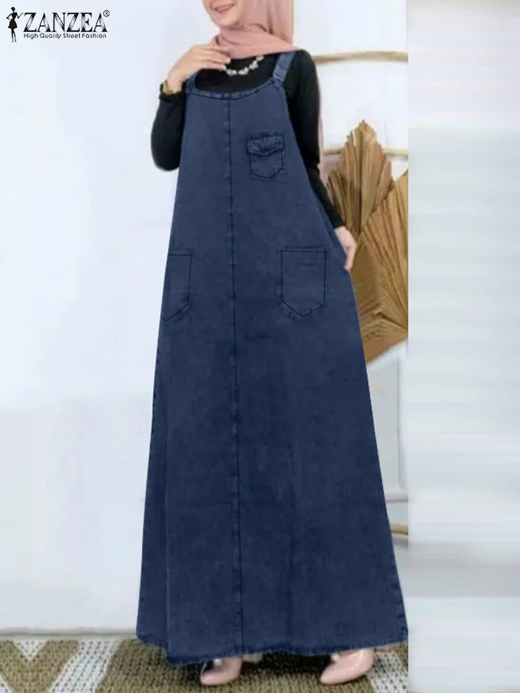 

ZANZEA Woman Fashion Suspender Dress Elegant Solid Party Robe Casual Abaya Kaftan Muslim Dress Sleeveless Denim Vestidos 2024