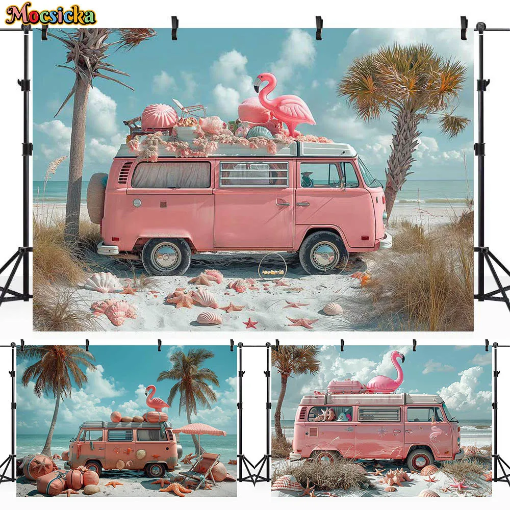 

Mocsicka Summer Photography Backdrops Pink Beach Van Palm Tree Holiday Party Decor Adult Child Photocall Background Studio Props