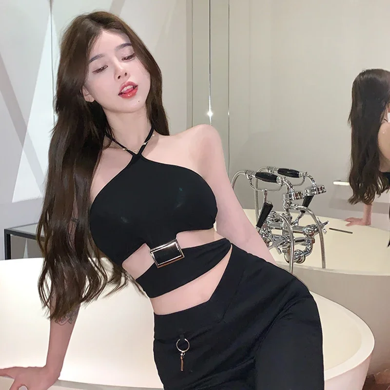 Sexy, heißes Sommer-Retro-Crop-Top für Damen, einfarbig, geknöpfter Crop-Ausschnitt, ärmelloser Schultergurt, elastische Taille, Streetwear