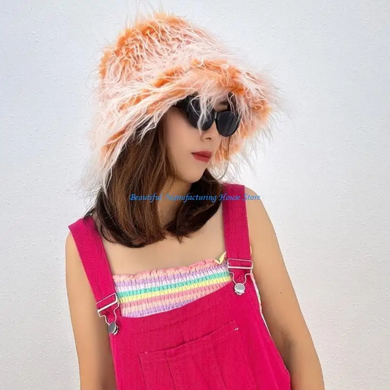 

E56A Fashion Plush Faux Furs Design Bucket Hat for Woman Camping Travel Fisherman Hat