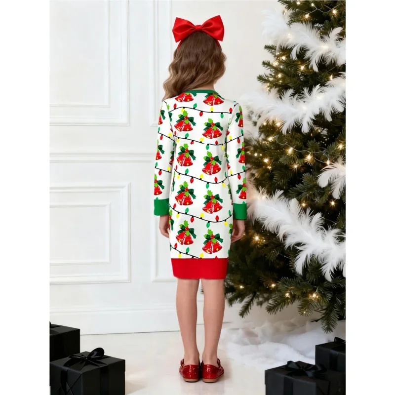 Girls Christmas Themed All-Over Printed Dress Short-Sleeved Holiday Atmosphere Children's Dress 2026