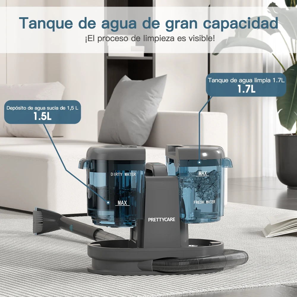 Aspiradora Inalámbrica para Alfombras PrettyCare PC808, 20KPa, Tanque de Agua Doble (1700ml para Limpieza y 1500ml para Suciedad), Manguera de 1.5M, Elimina Manchas en Sofás, Colchones, Alfombras y Cortinas - details 6