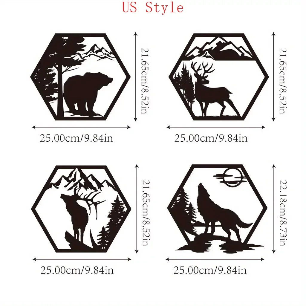 

4pcs Home Decorative Frames Elk Deer Wolf Bear Hexagonal Metal Wall Sculpture Leaked Rustic Forest Decor Wilderness Decoration G