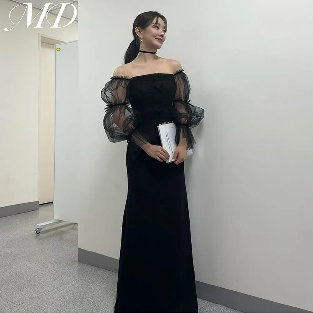 

MD New Simple Black Off Shoulder Evening Dress Long Puff Sleeve Korea Photo shoot Performance Dresses customised Prom Gown 2025