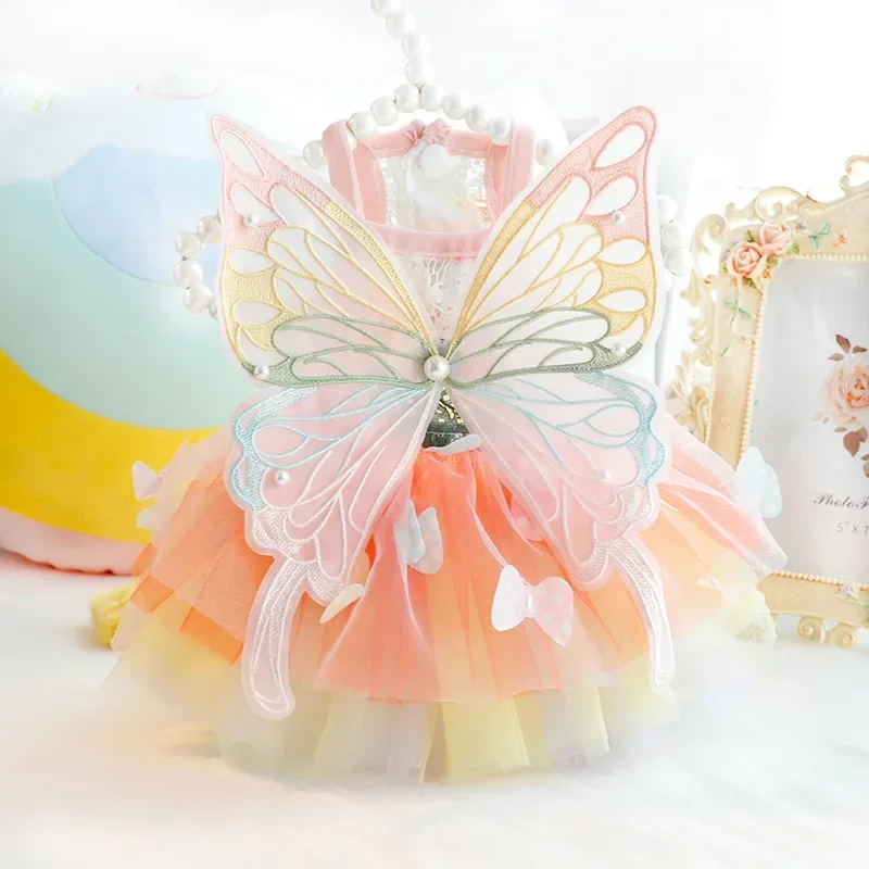 Rainbow Butterfly Colorful Fluffy Clothes for Puppy, Spring and Summer Clothes, Cat Princess Dress, Small Dog, Teddy Pet