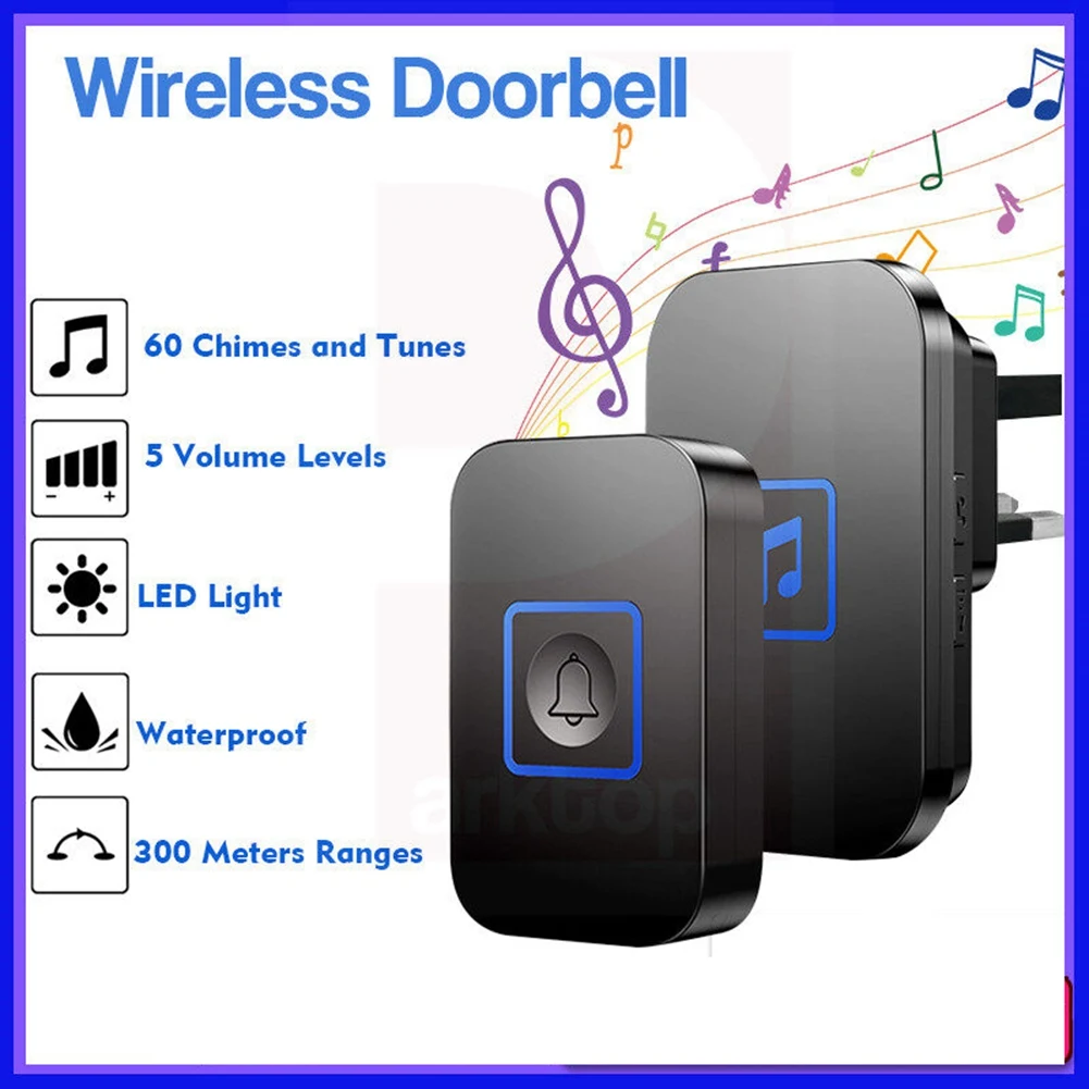 

Беспроводной дверной звонок AS62, водонепроницаемый, дальность действия 300 метров/светодиодная подсветка/домашний беспроводной дверной звонок с 1 приемником, регулируемая громкость, британская вилка