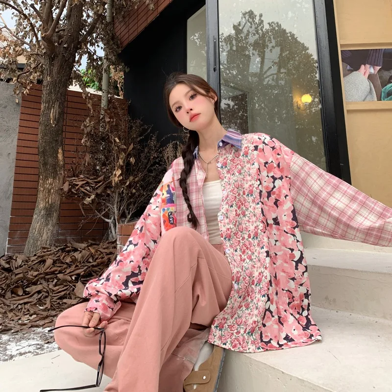 Splicing Printed Shirts Women Spring and Summer 2024 New Versatile Casual High Street Slim Blouse Long Sleeve Loose Tops Female