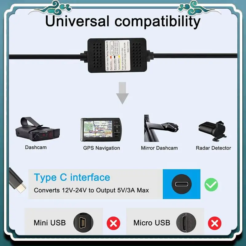 ABTU-Dash Cam Acc Hardwire Kit, USB Type C Dashcam Kit Step-Down Cable, 12V-24V To DC 5V 3A Car Dash Charger Power Cord view 3