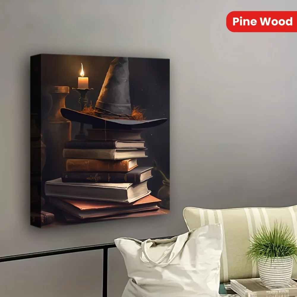 

1.5 inch solid wood picture frame, wizard hat on Grimoire canvas poster, wall decoration - mysterious Halloween themed poster ar