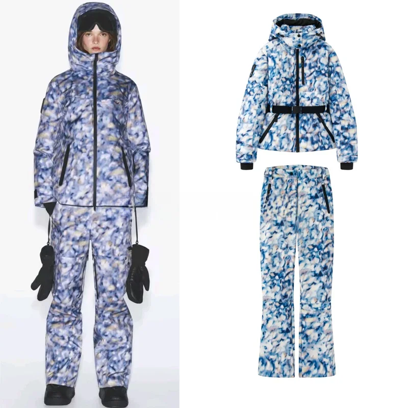 

Теплый хлопковый джет с поясом и принтом лыжного костюма с капюшоном на молнии, прямые брюки на подкладке, зимний модный комплект для женщин